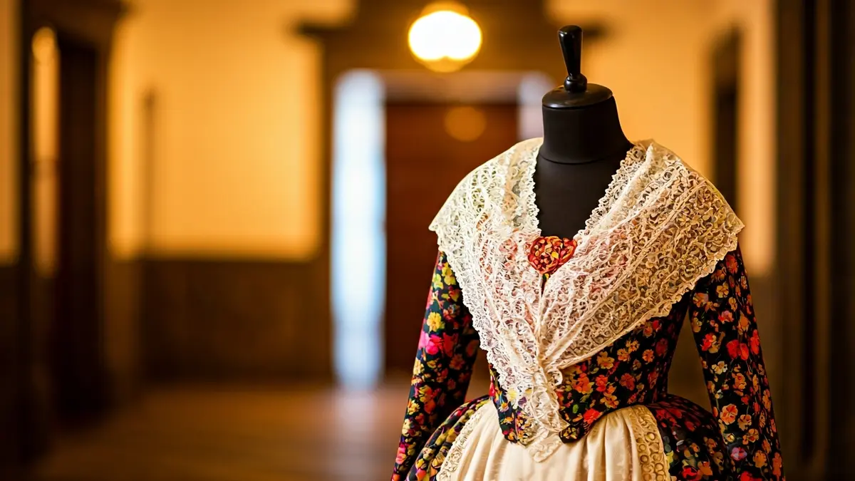 Imagen de un traje tradicional canario, destacando sus detalles y bordados.