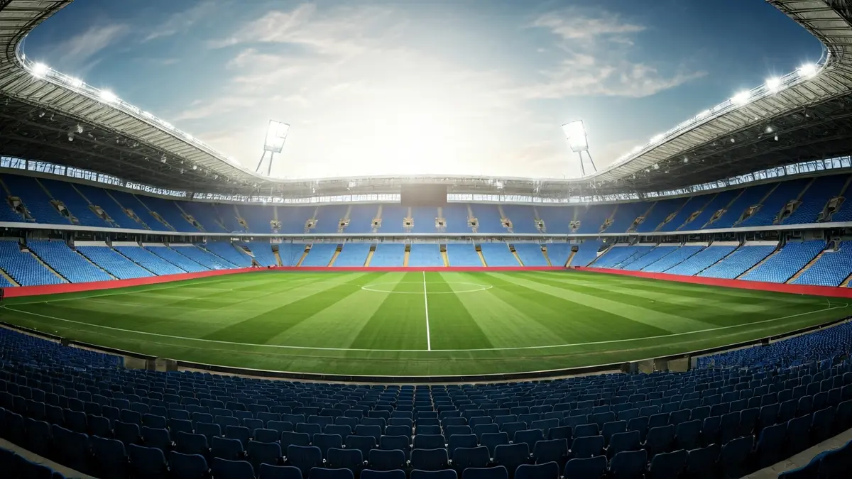 Image of a modern football stadium with empty seats, prepared for a mass event.
