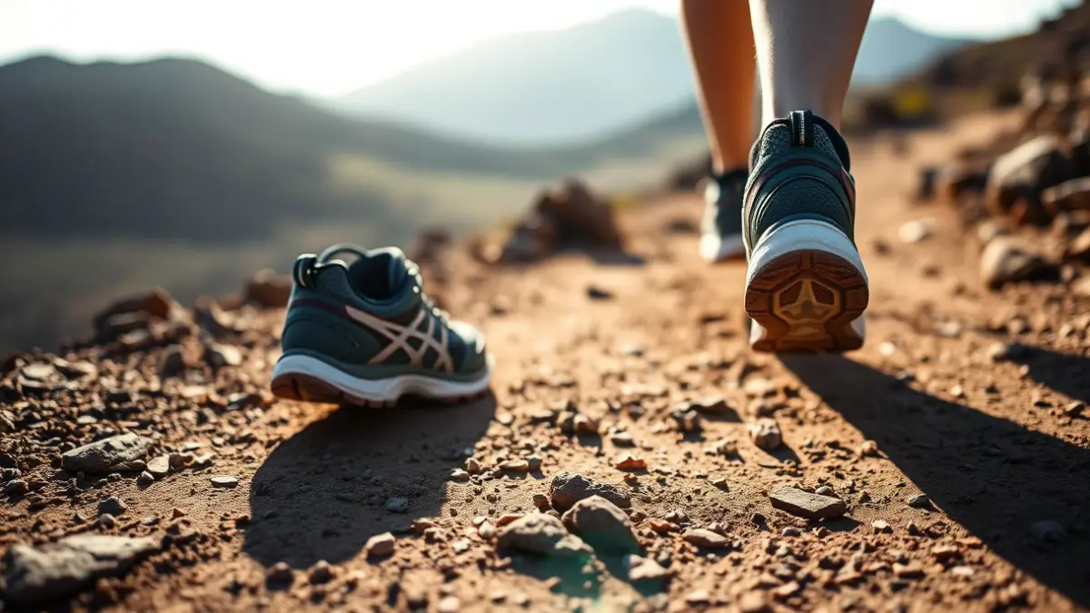 Zapatillas de trail running para niños en un sendero de tierra, con el paisaje volcánico de La Palma de fondo.