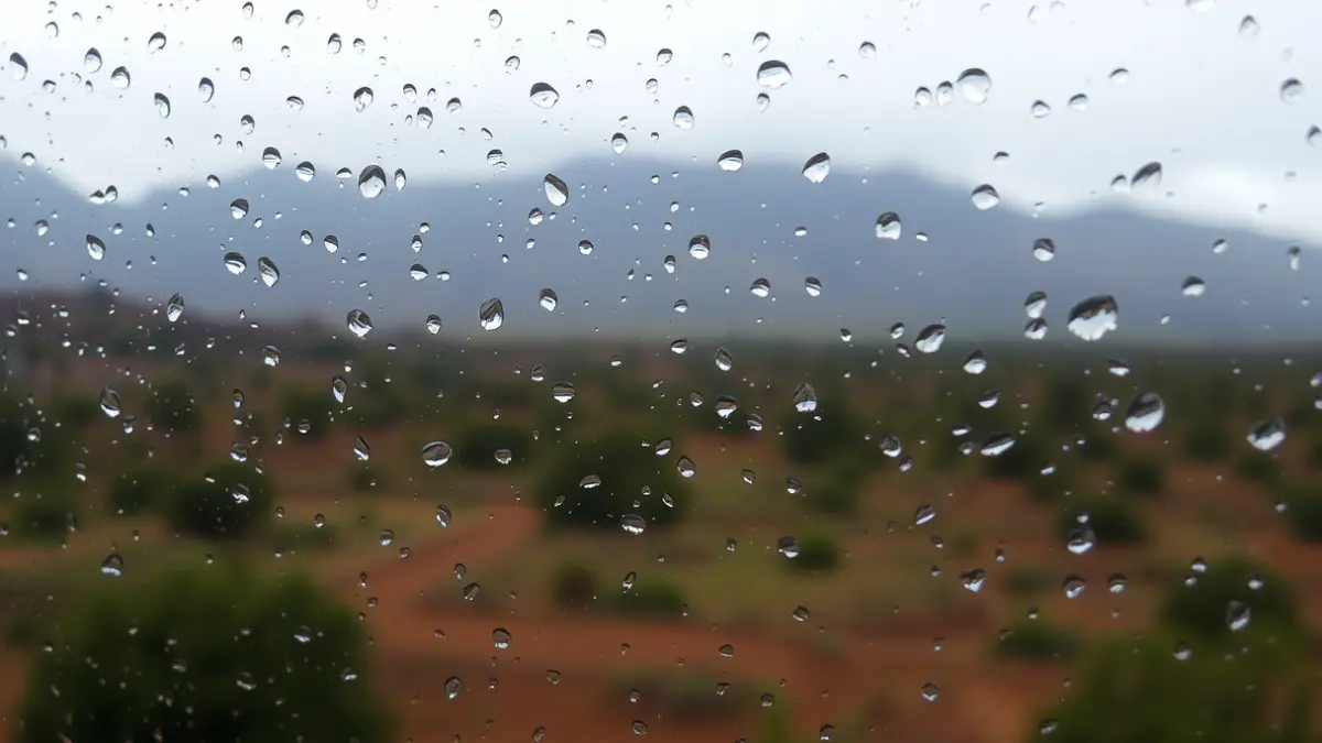 Generic image of raindrops on a window with a blurred Canary Islands landscape in the background.