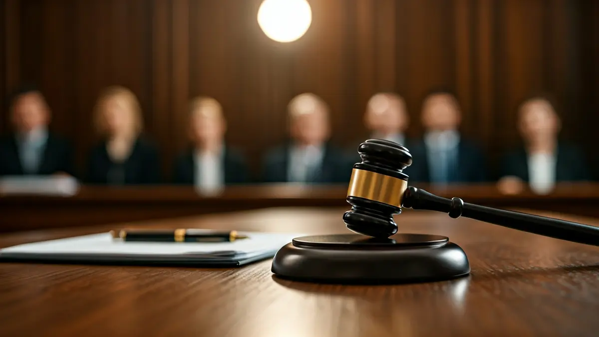 Imagen genérica de un mazo de juez sobre una mesa de madera con documentos legales borrosos.