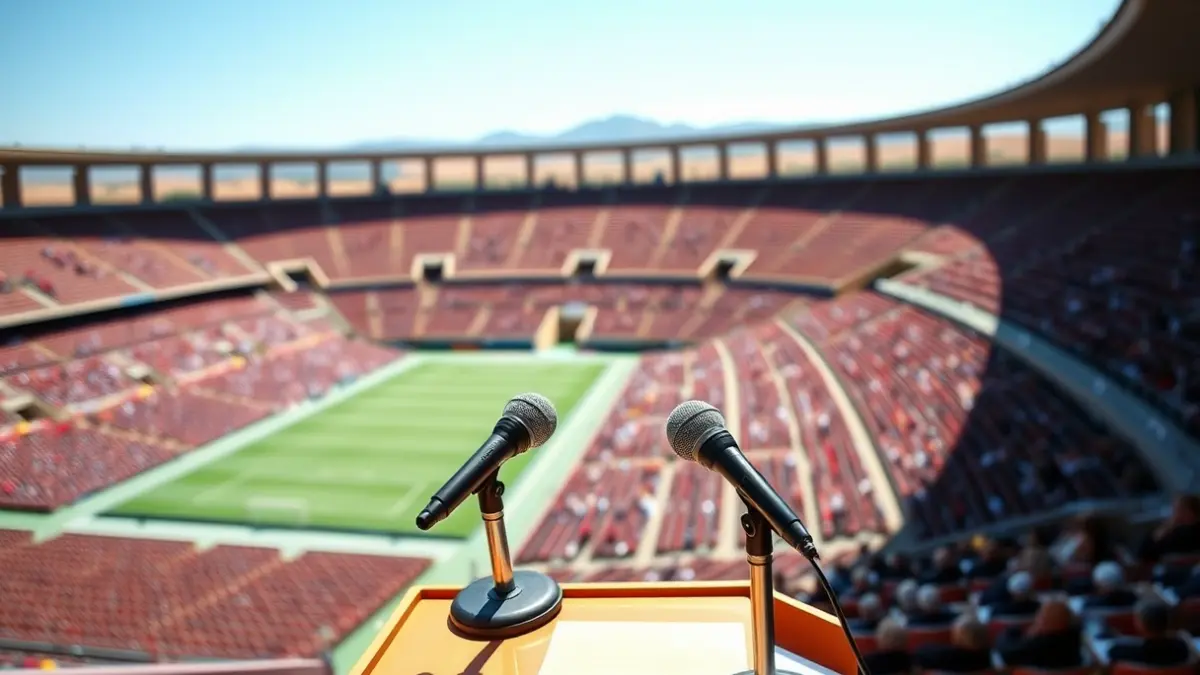 Image of microphones on a podium in a stadium, symbolizing a public event.