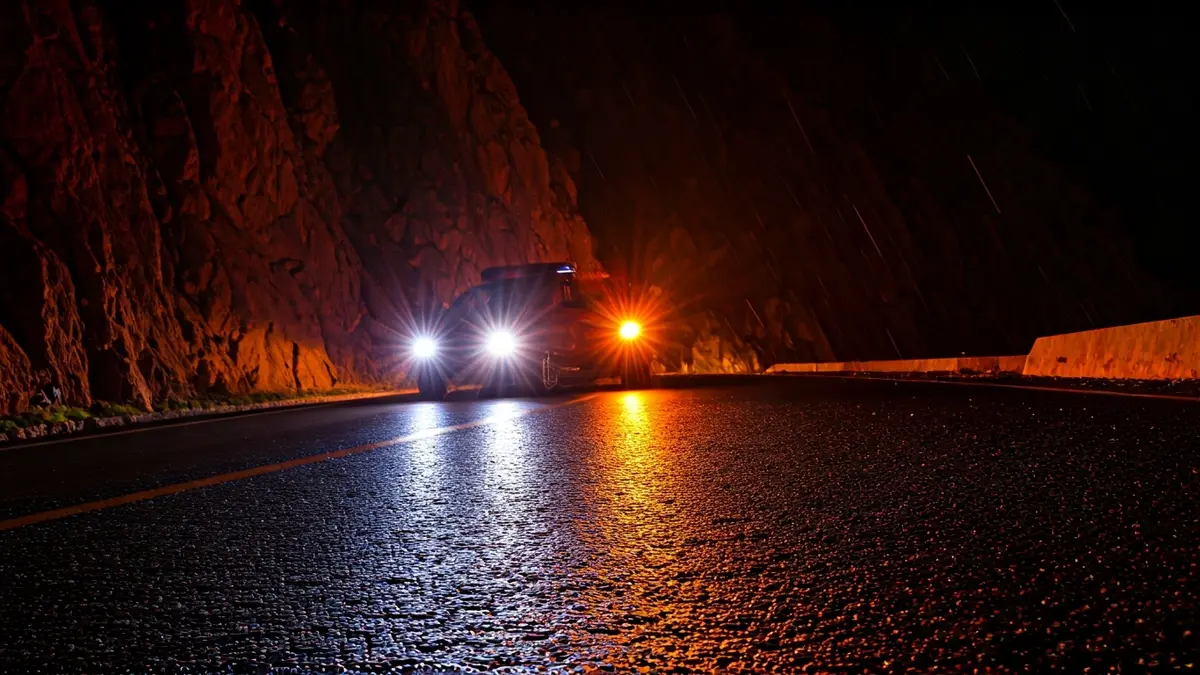 Imagen genérica de luces de emergencia en una carretera de montaña por la noche.