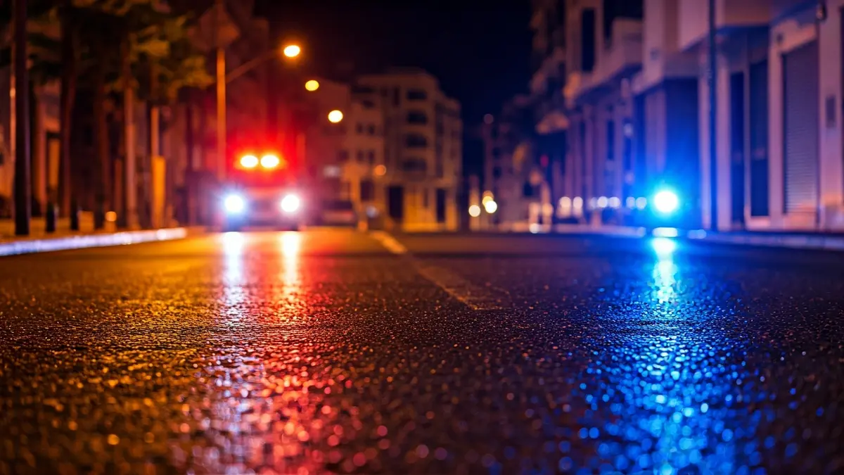 Generic image of emergency lights reflected on wet asphalt.