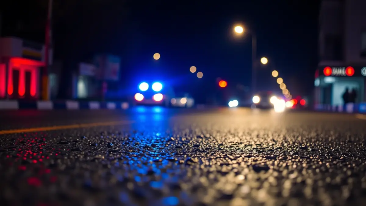 Generic image of emergency lights reflecting on wet asphalt.