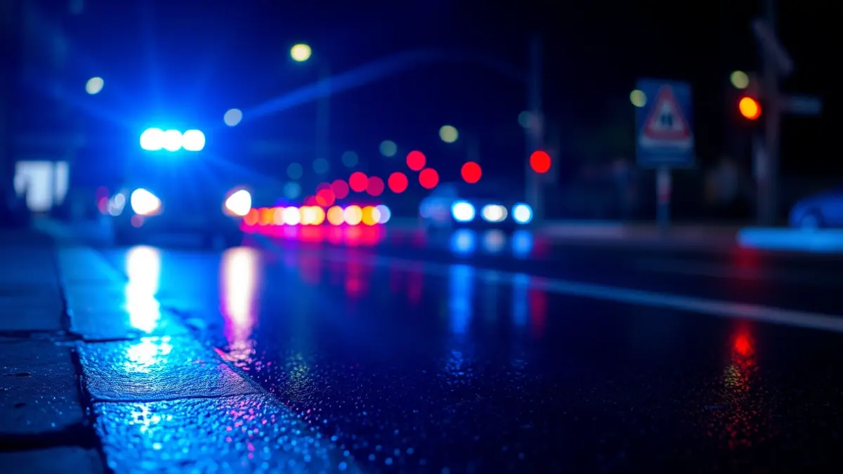 Generic image of emergency lights reflected on wet asphalt.