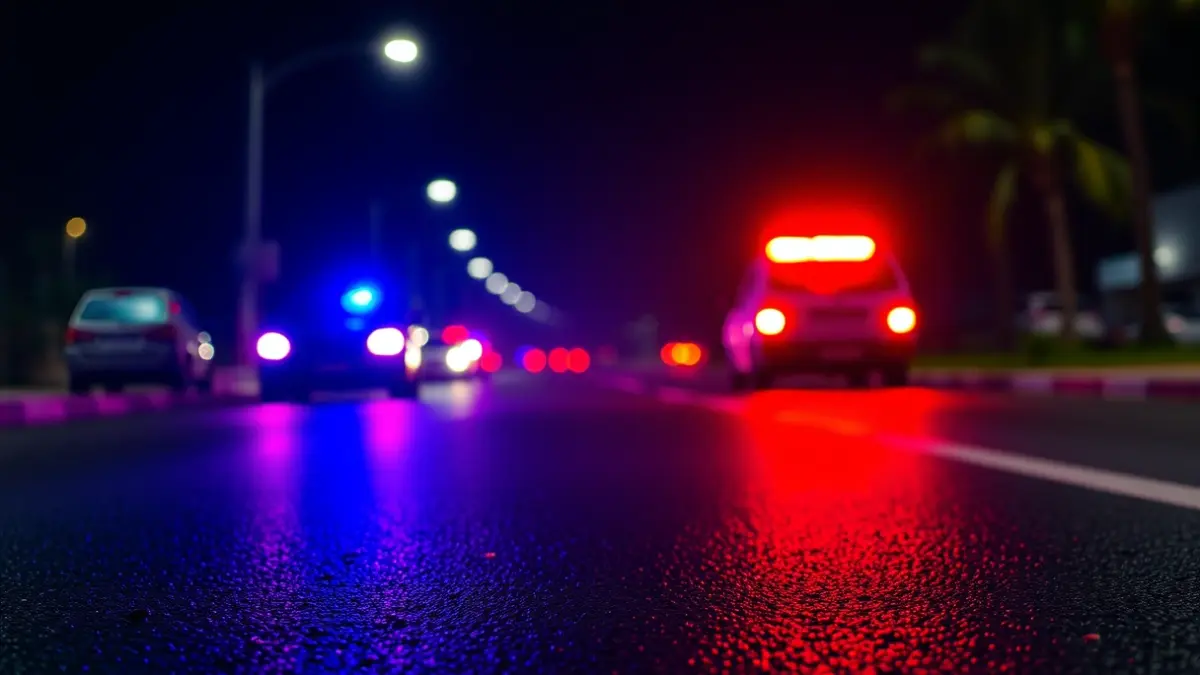 Generic image of emergency lights on wet road.