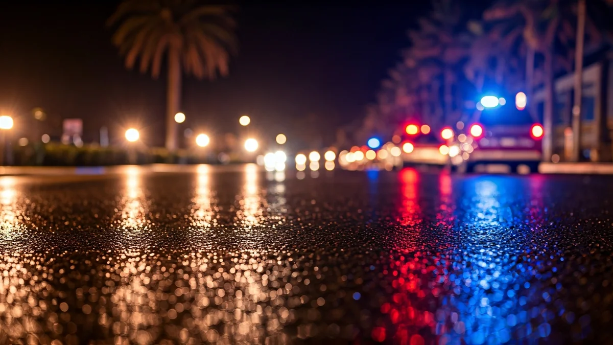 Generic image of emergency lights reflecting on wet asphalt.