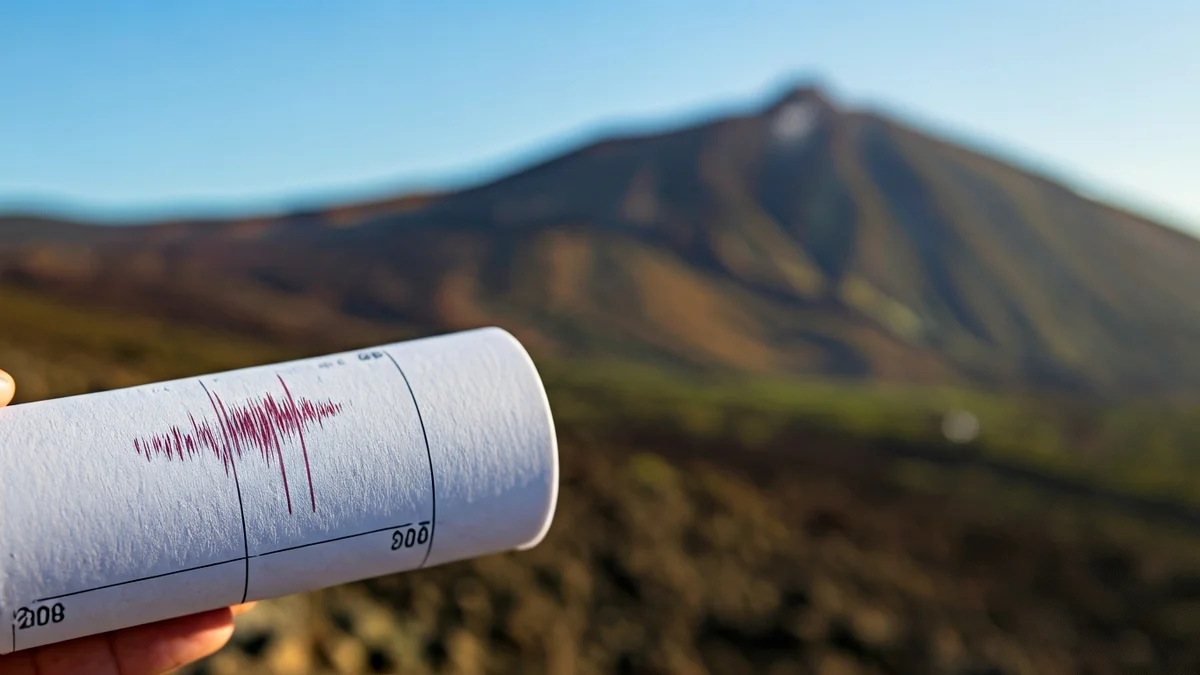 Image of a seismograph recording seismic activity with the Teide volcano in the background.