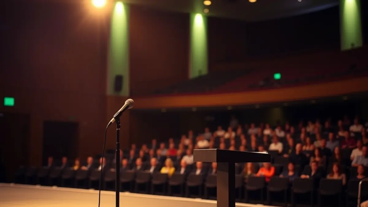 Generic image of a microphone on an auditorium stage, with empty seats in the background.