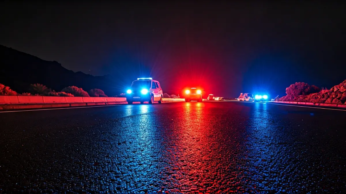Generic image of emergency lights reflecting on wet asphalt.