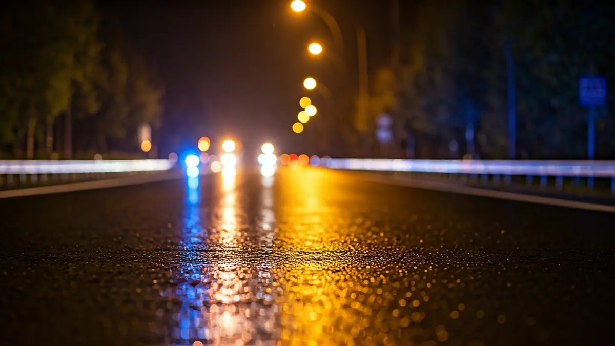 Generic image of emergency lights reflecting on wet asphalt.