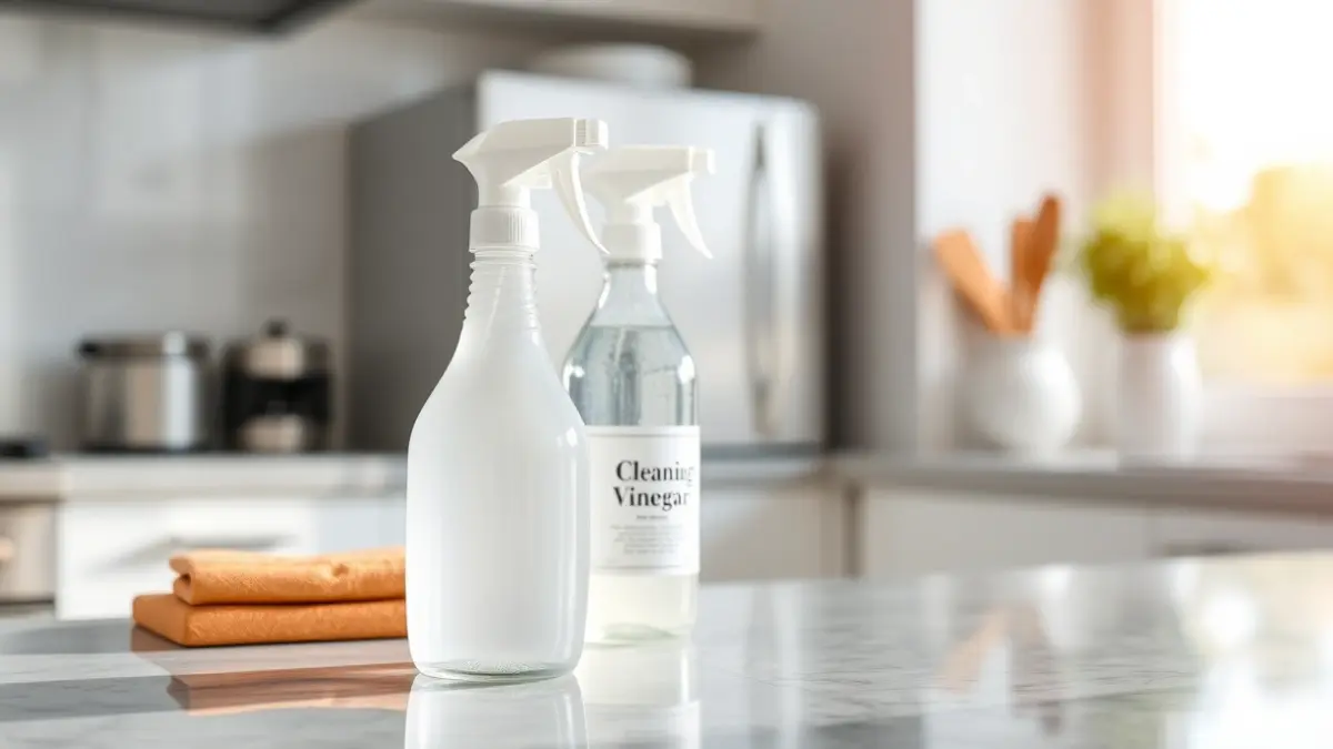 Generic image of cleaning products, vinegar, and a spray bottle in a kitchen.