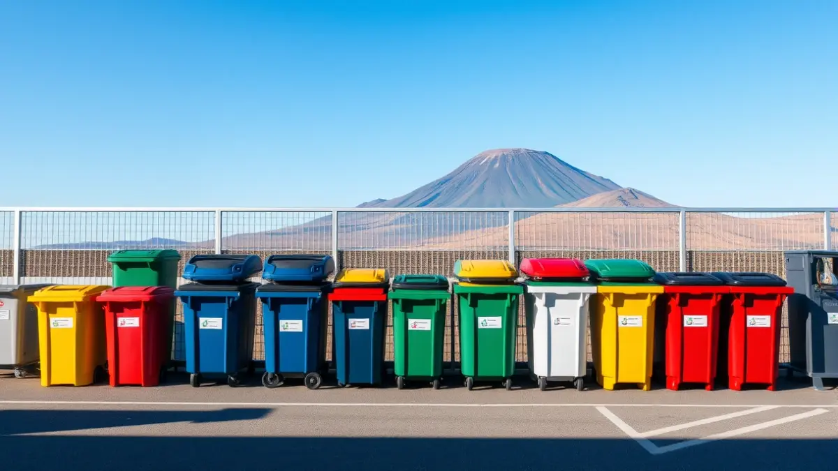 Generic image of a modern recycling center with various bins and a volcanic landscape in the background.