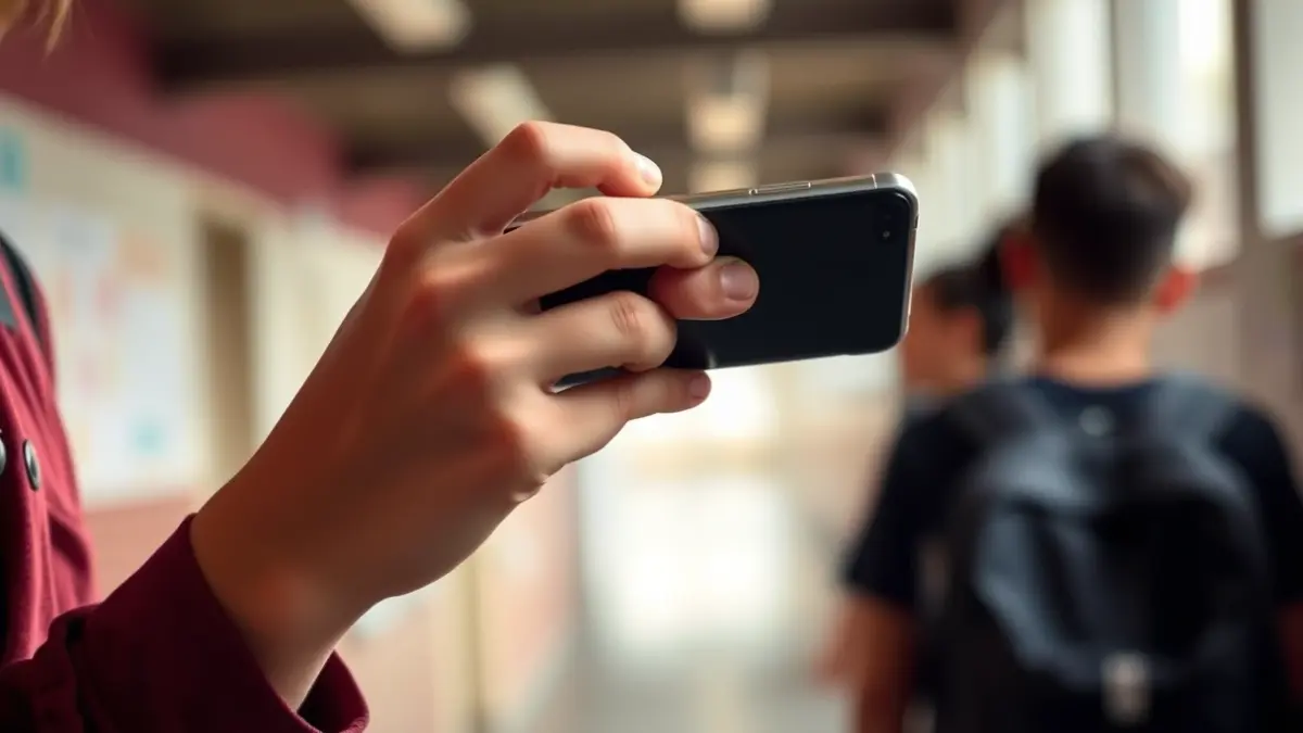 Generic image of a teenager using a mobile phone, with a blurred school background.