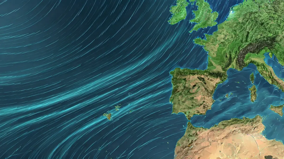Imagen genérica de un mapa meteorológico con símbolos de lluvia y viento sobre las Islas Canarias.