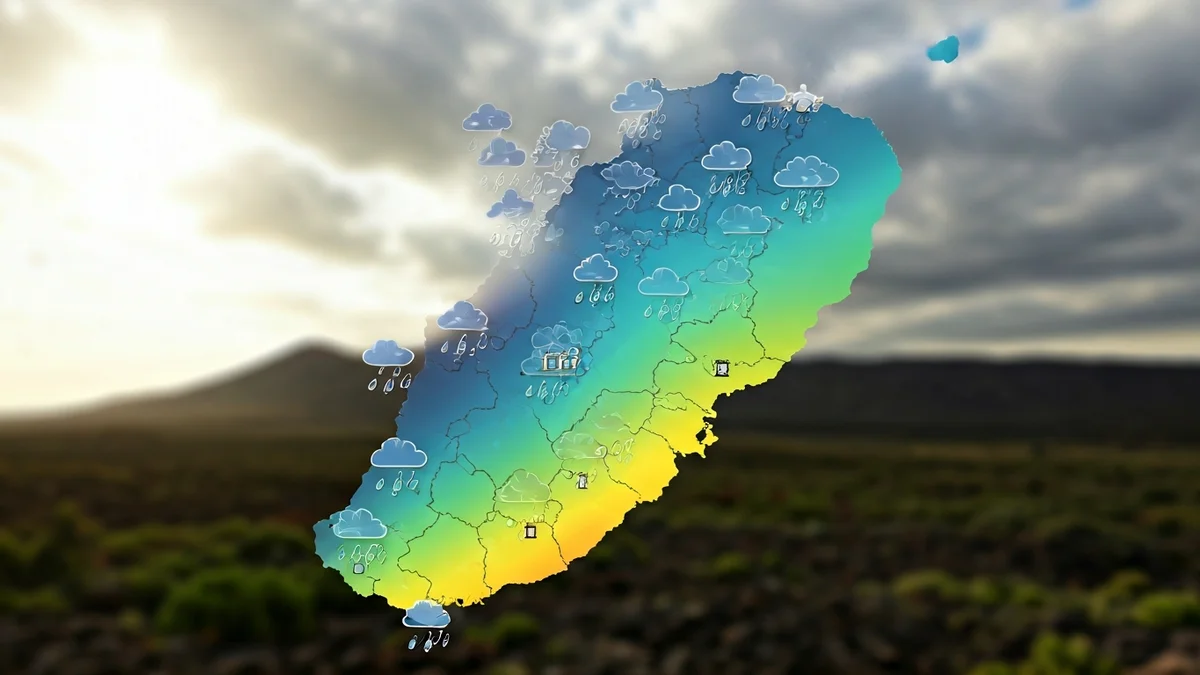 Mapa meteorológico de las Islas Canarias con símbolos de lluvia y temperaturas, sobre un paisaje volcánico nublado.