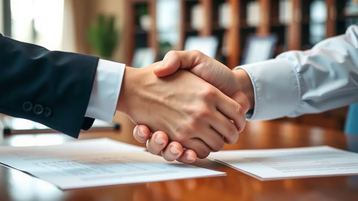 Imagen genérica de dos manos estrechándose sobre un escritorio con documentos borrosos, simbolizando una negociación.