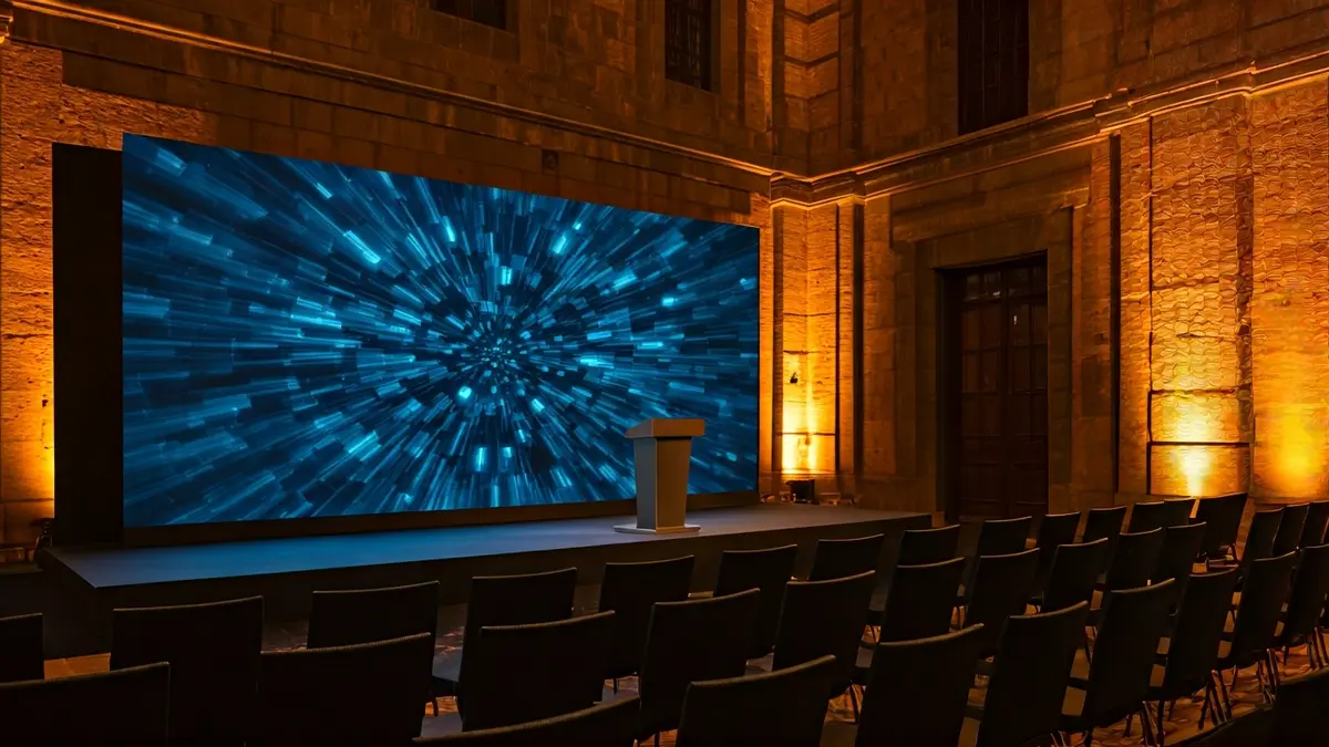 Generic image of an auditorium or conference hall set up for a business event.