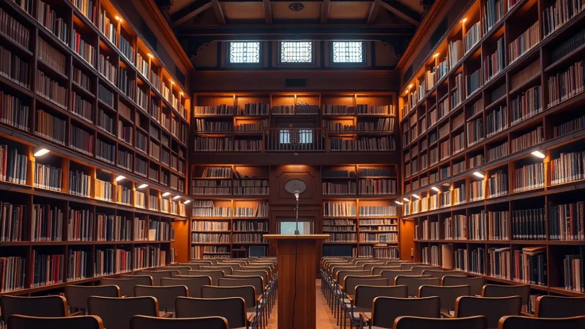 Generic image of a library interior with wooden bookshelves and a podium with a microphone.