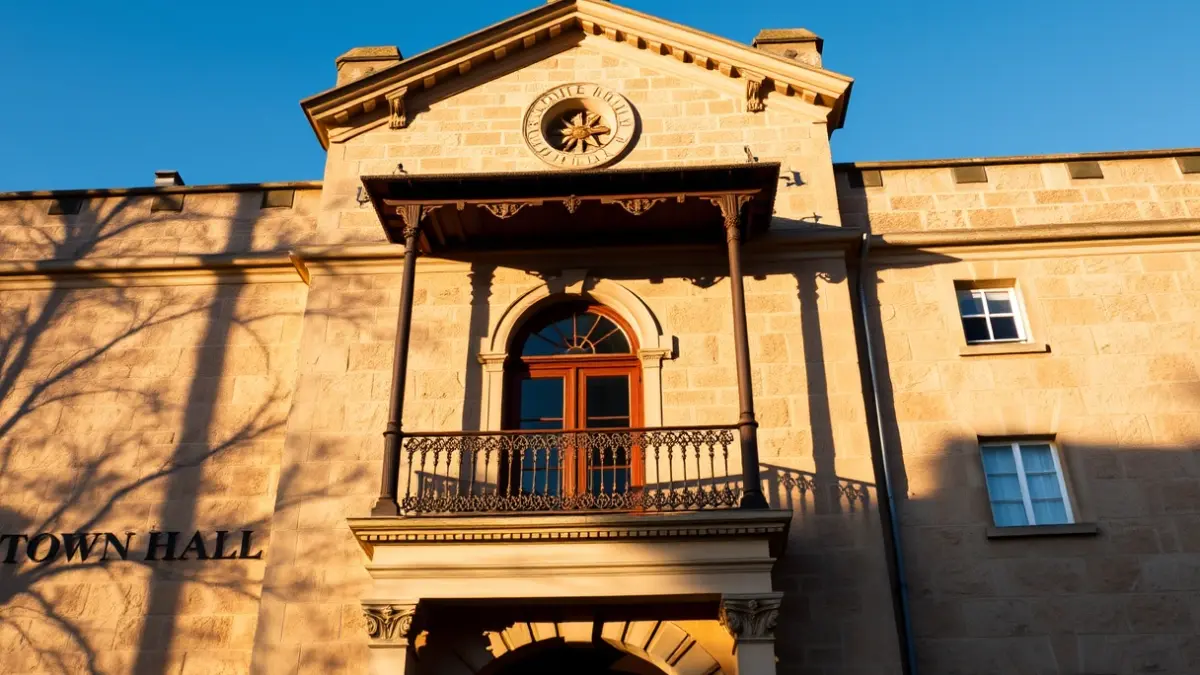 Fachada de las Casas Consistoriales de Agaete bajo el sol de la tarde.