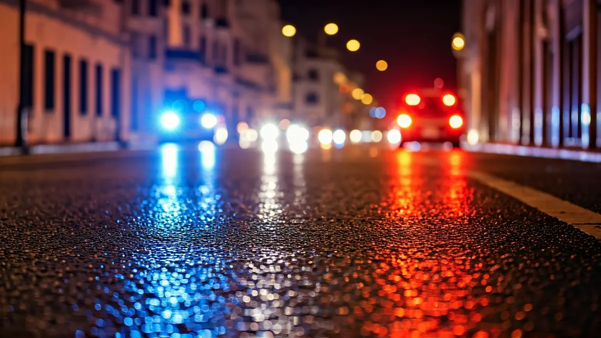 Imagen genérica de luces de emergencia de la policía reflejadas en el asfalto mojado.