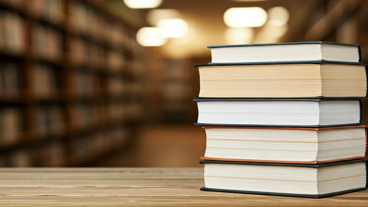 Generic image of books stacked on a table, with a blurred library background.