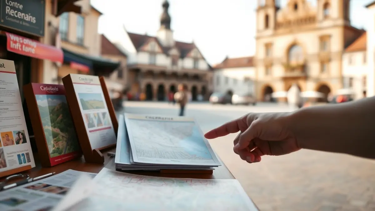 Imagen genérica de una oficina de turismo con folletos y mapas.