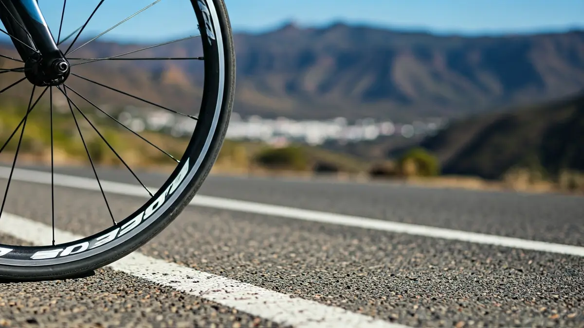 Imagen genérica de una rueda de bicicleta de carretera en un paisaje montañoso.