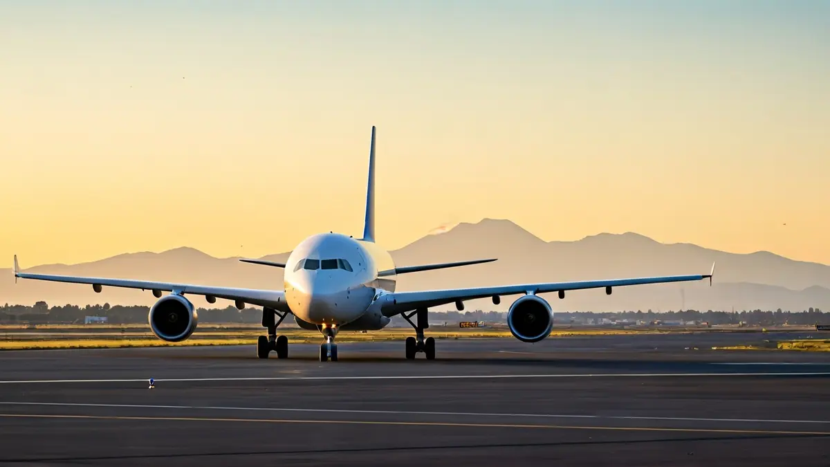 Imagen de un avión Airbus A321XLR en una pista de aterrizaje con montañas volcánicas al fondo.