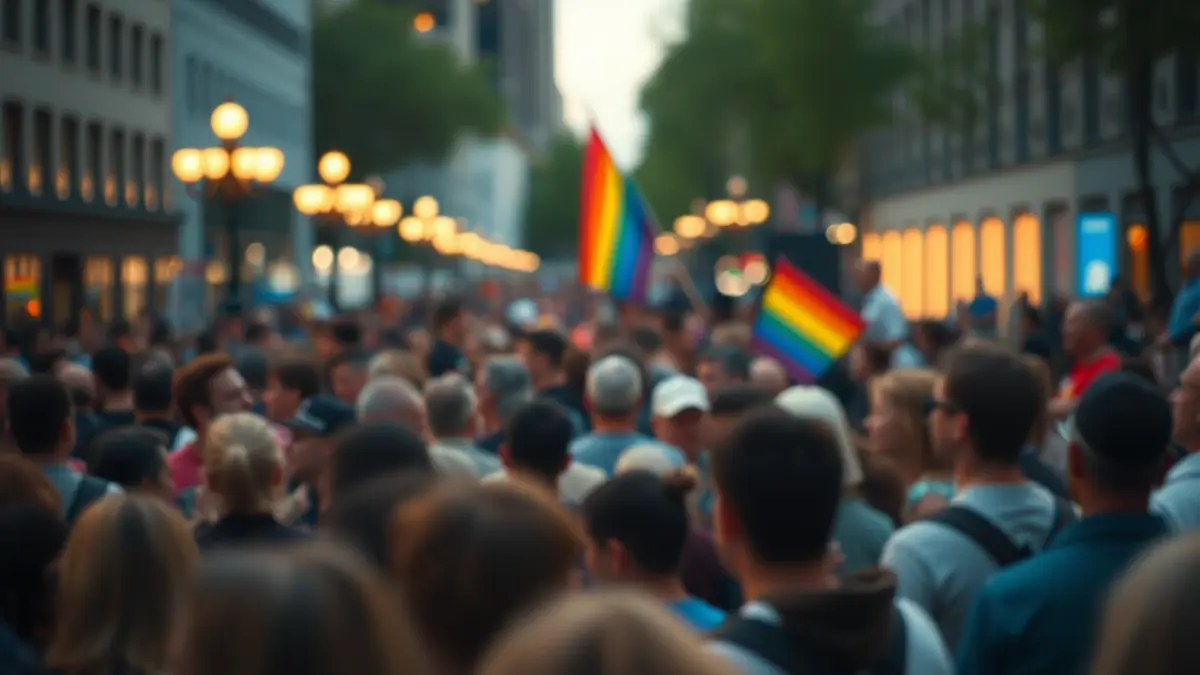 Generic image of a diverse crowd in an urban setting, with warm lights and a blurred LGTBIQ+ flag in the background.