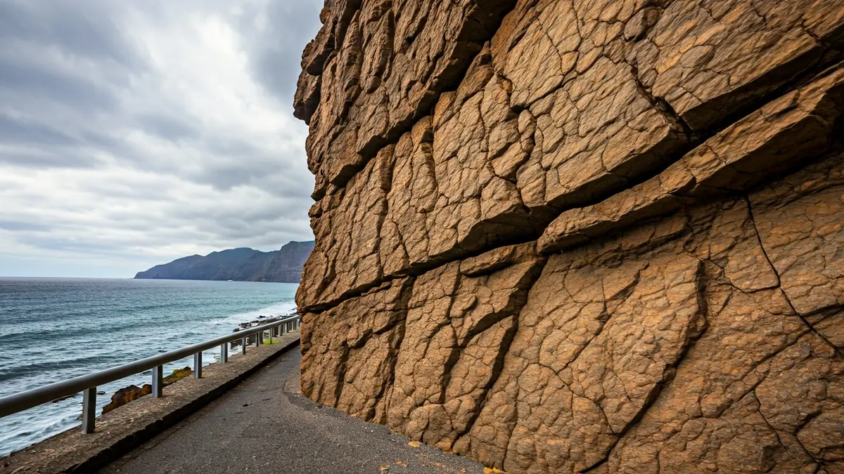 Image of a fractured cliff threatening to fall onto a coastal road in Mogán.