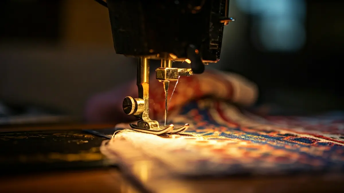 Generic image of a sewing machine working on fabric with Canarian patterns.