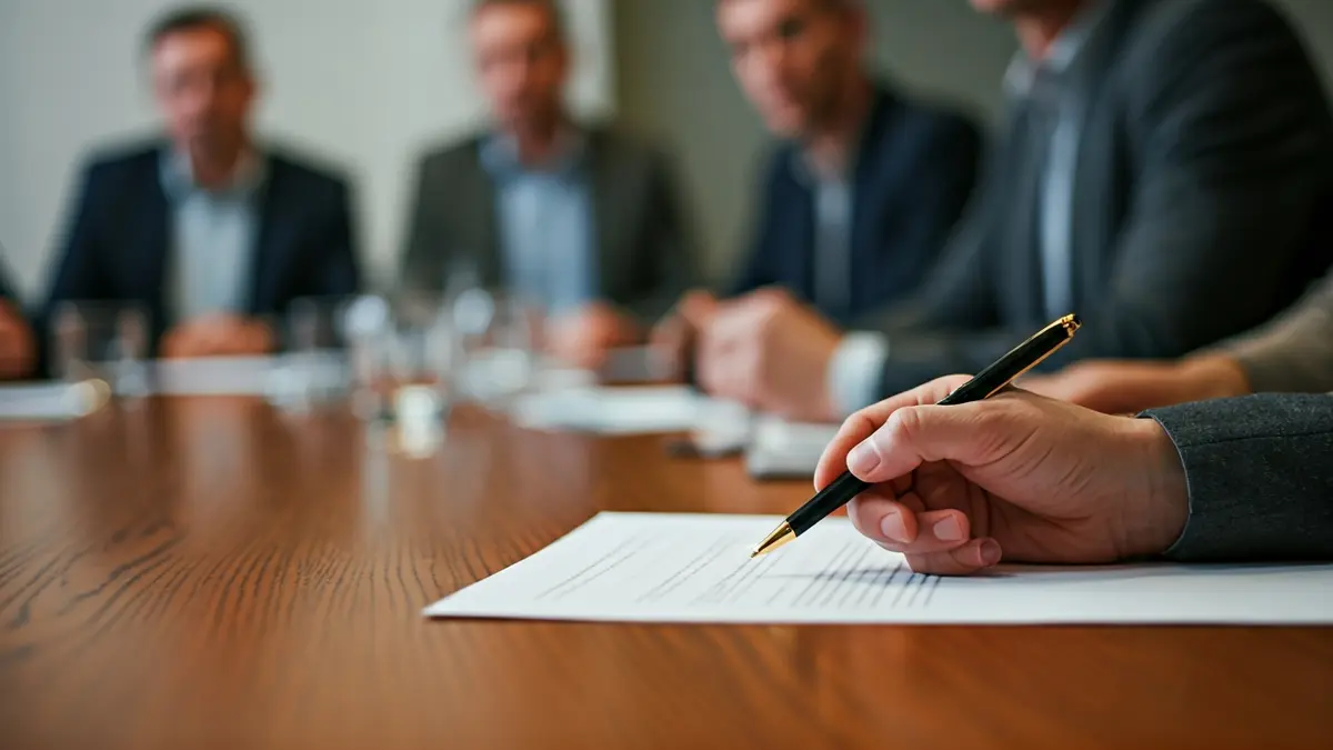 Generic image of a hand signing a document at a meeting.
