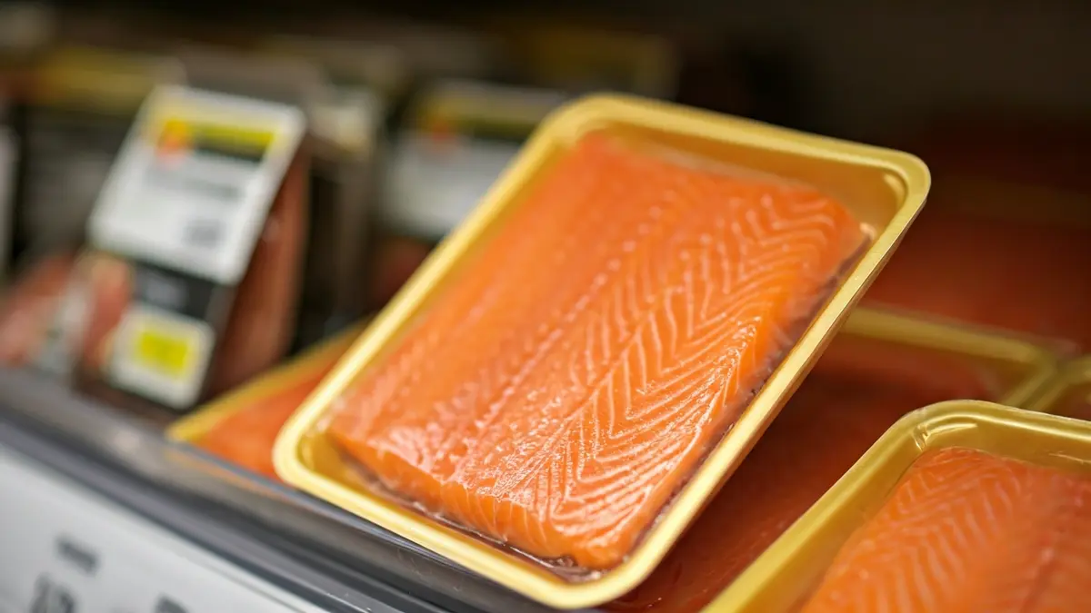 Generic image of a smoked salmon package in a supermarket.