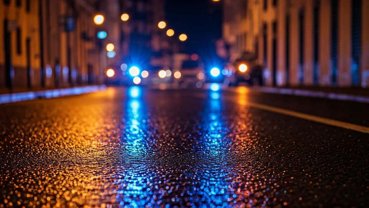 Generic image of emergency lights reflected on wet asphalt.
