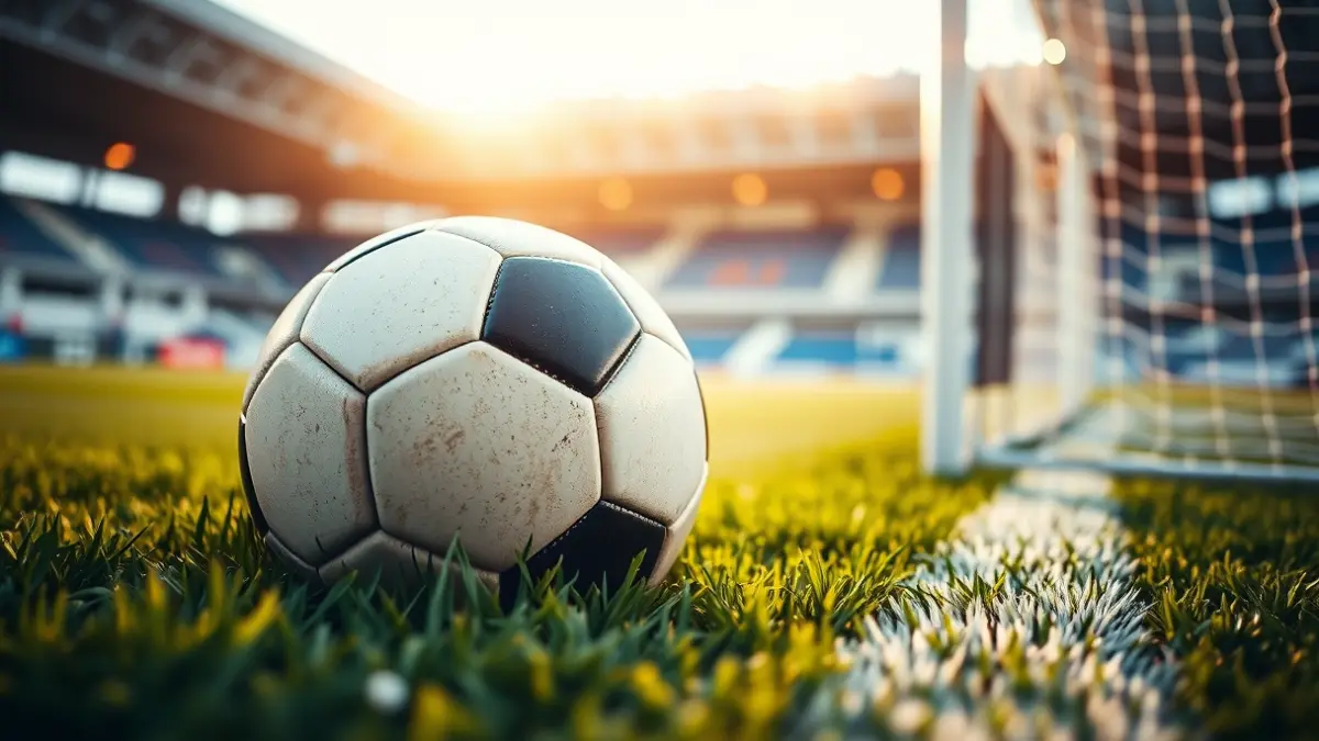 Generic image of a soccer ball on a stadium pitch, with the goal net in the background.