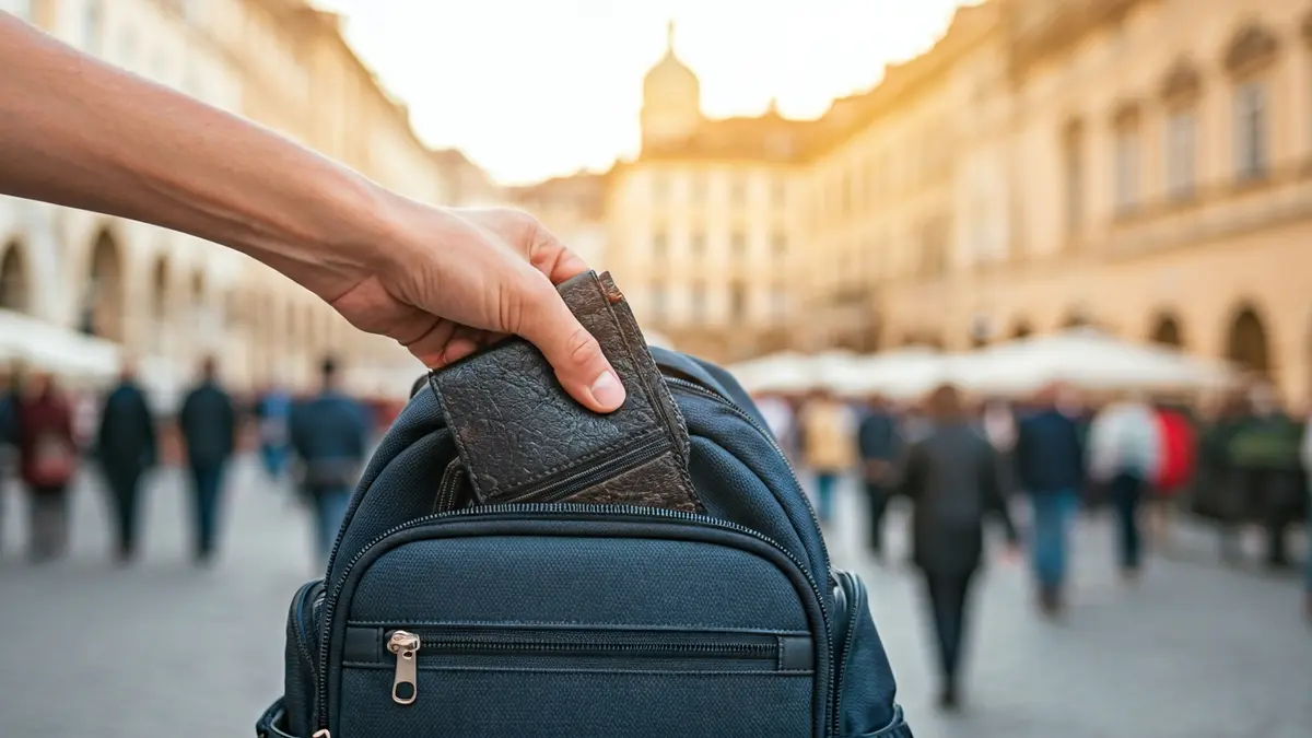 Imagen de un carterista robando una cartera de una mochila en una zona turística.