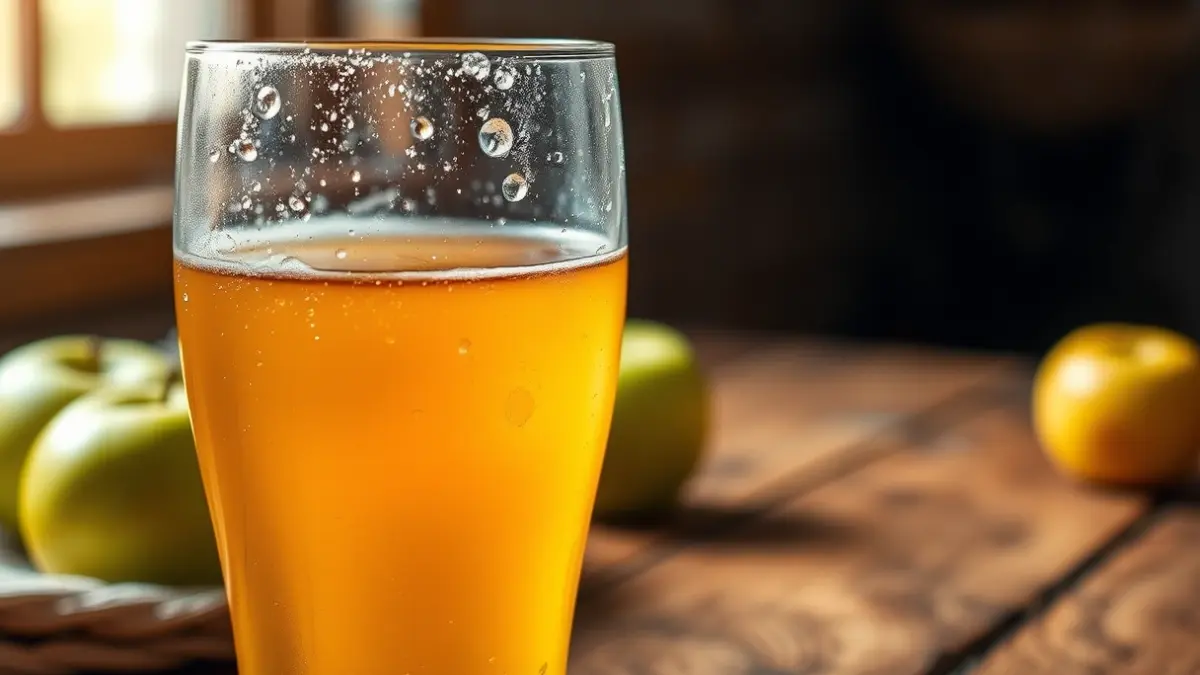 Generic image of a glass of cider with apples in the background.