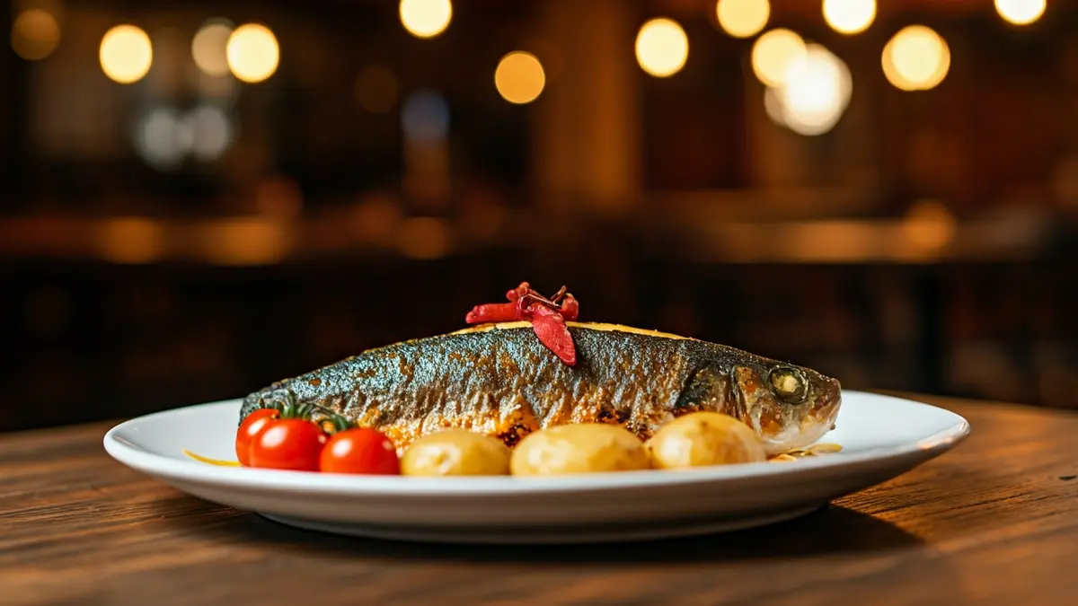 Image of a grilled sea bass dish with wrinkled potatoes and cherry tomatoes in a restaurant.