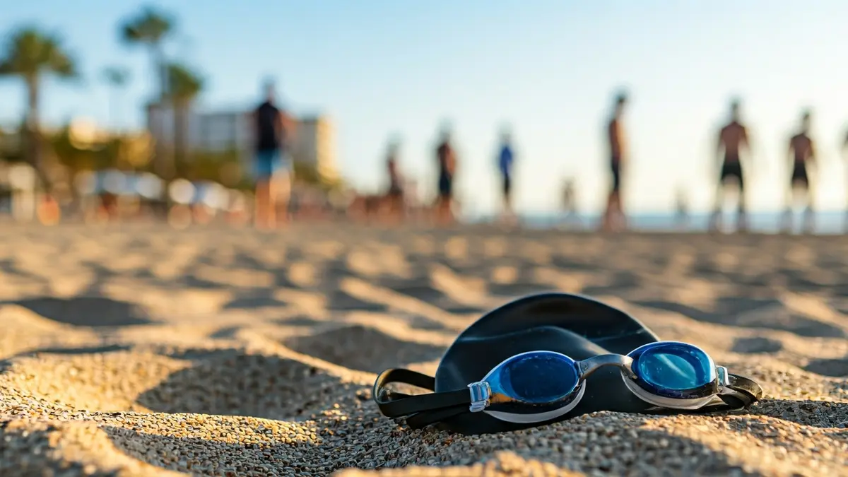 Imagen de una gorra de natación y gafas de triatlón en la arena de la playa de Anfi del Mar.