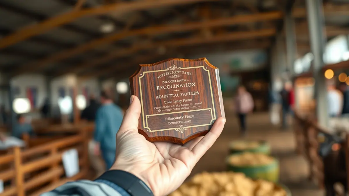 Imagen genérica de una mano sosteniendo una placa de reconocimiento en un evento agrícola.