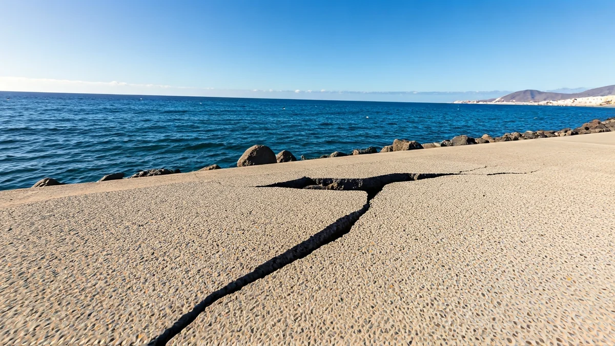Imagen de un paseo marítimo dañado por el temporal en la costa de Fuerteventura.