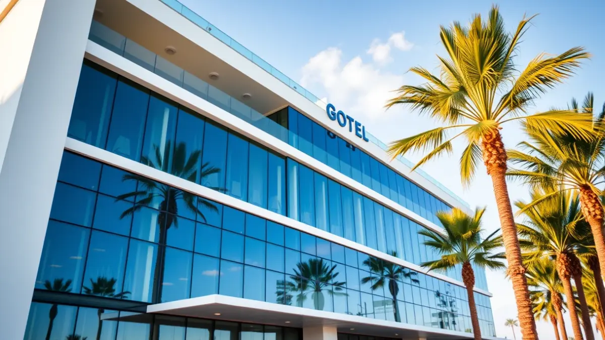 Facade of a modern luxury hotel with palm trees and reflections in the glass.