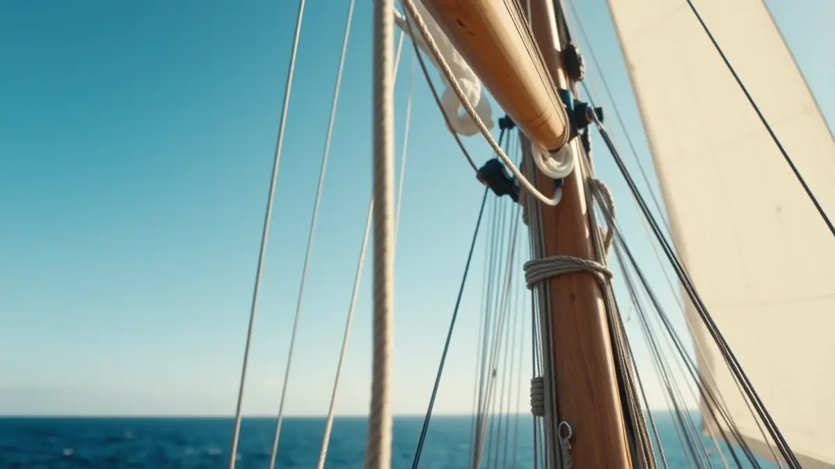 Imagen de un barco de Vela Latina Canaria con su aparejo y mástil de madera.