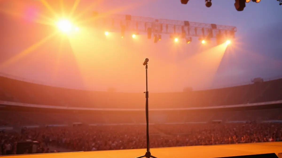 Imagen genérica de un escenario de concierto con luces brillantes y un micrófono.