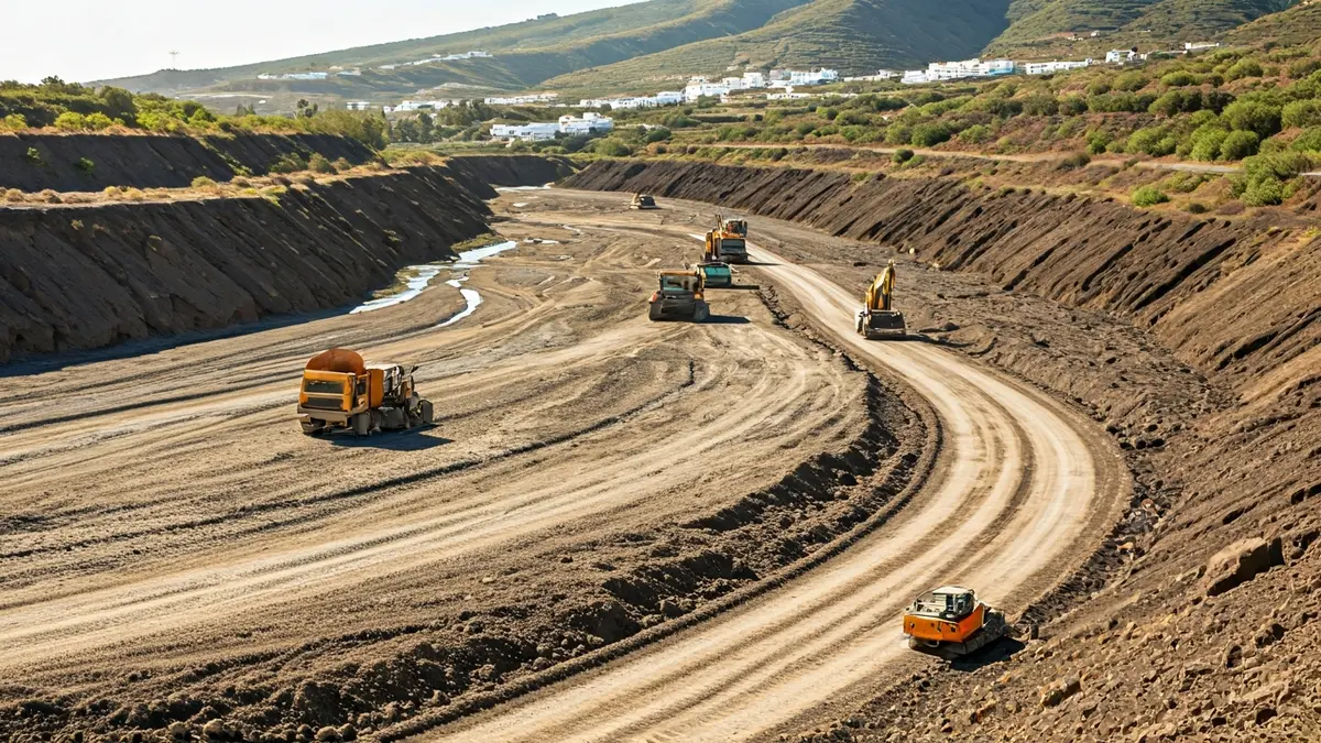 Maquinaria pesada trabajando en el cauce de un barranco para construir una vía provisional.