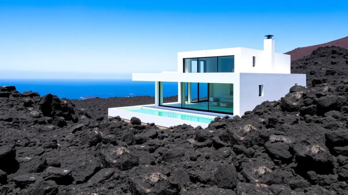 Modern villa in Lanzarote with architecture integrated into the volcanic landscape, overlooking the Atlantic.