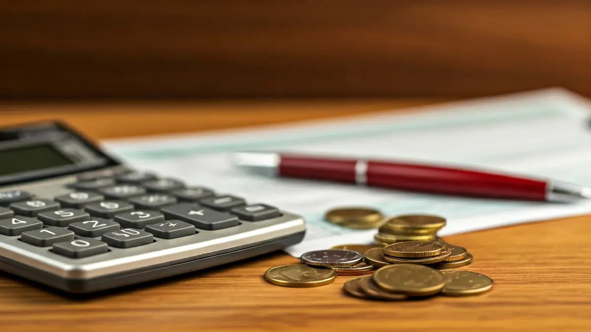 Imagen genérica de una calculadora y monedas sobre un escritorio, con formularios de impuestos desenfocados.