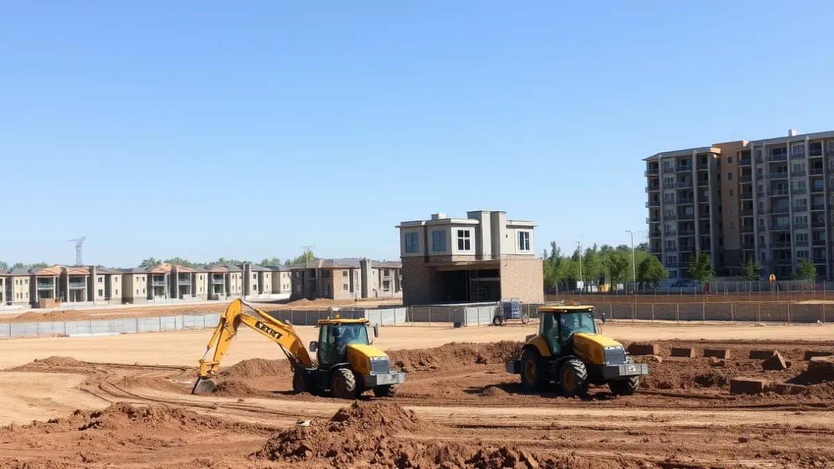 Image of a construction site with heavy machinery and developing buildings.